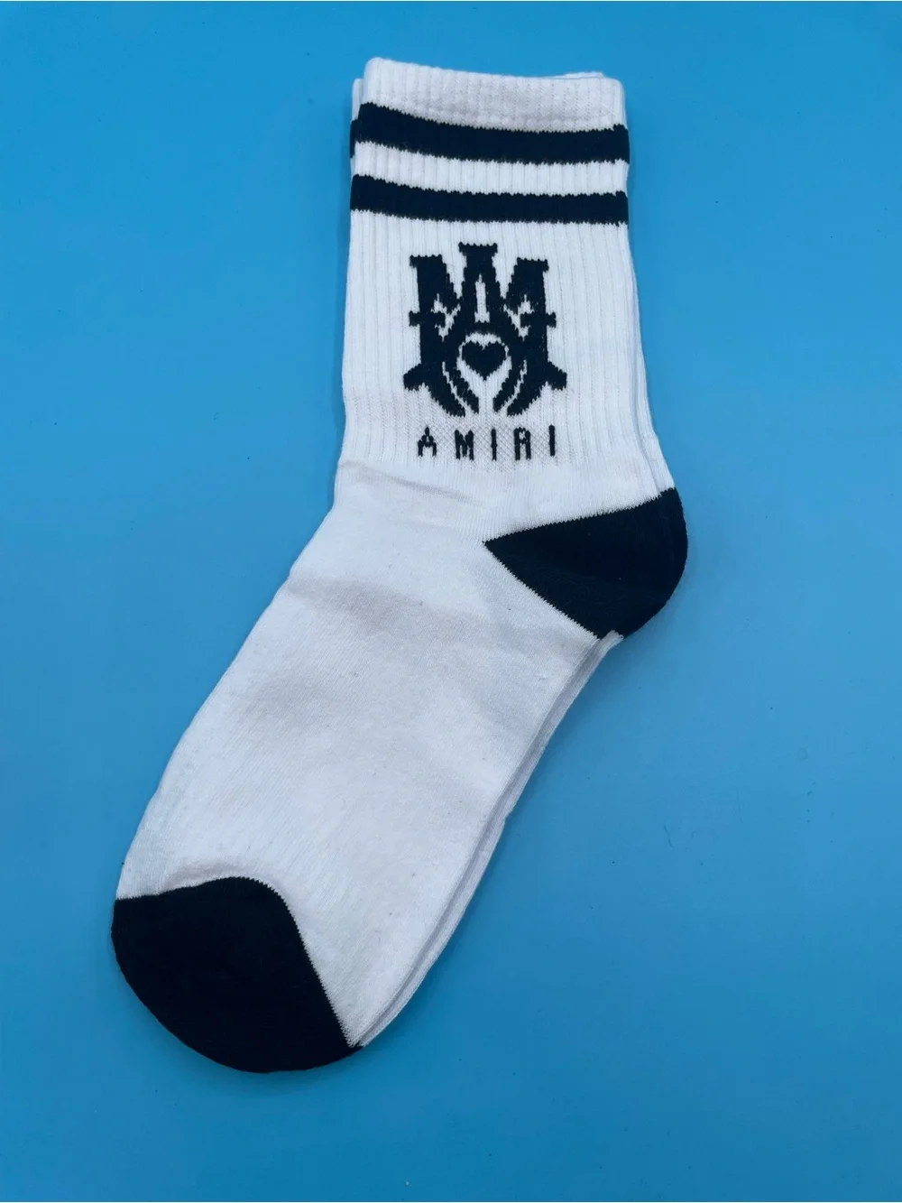 AMIRI White Crew Socks with Black Logo & Stripes